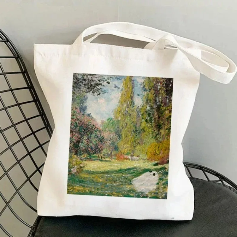 Kawaii Harajuku مونيه زنابق الماء الأزهار طباعة قماش حمل حقيبة كتف المرأة صديقة للبيئة قابلة لإعادة الاستخدام حقيبة يد للتسوق اليومي #2