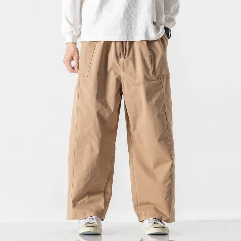 Men Wide Leg Pants Summer Light Thin Lace Up Elastic Waist Solid Casual Straight Leg Pants Loose Oversized Trousers Streetwear