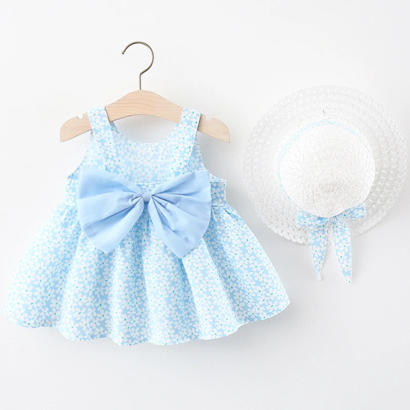 

2Piece Sets Summer Outfits Baby Girl Dresses Korean Fashion Cute Bow Sleeveless Flowers Toddler Dress+Sunhat Kids Clothes BC335