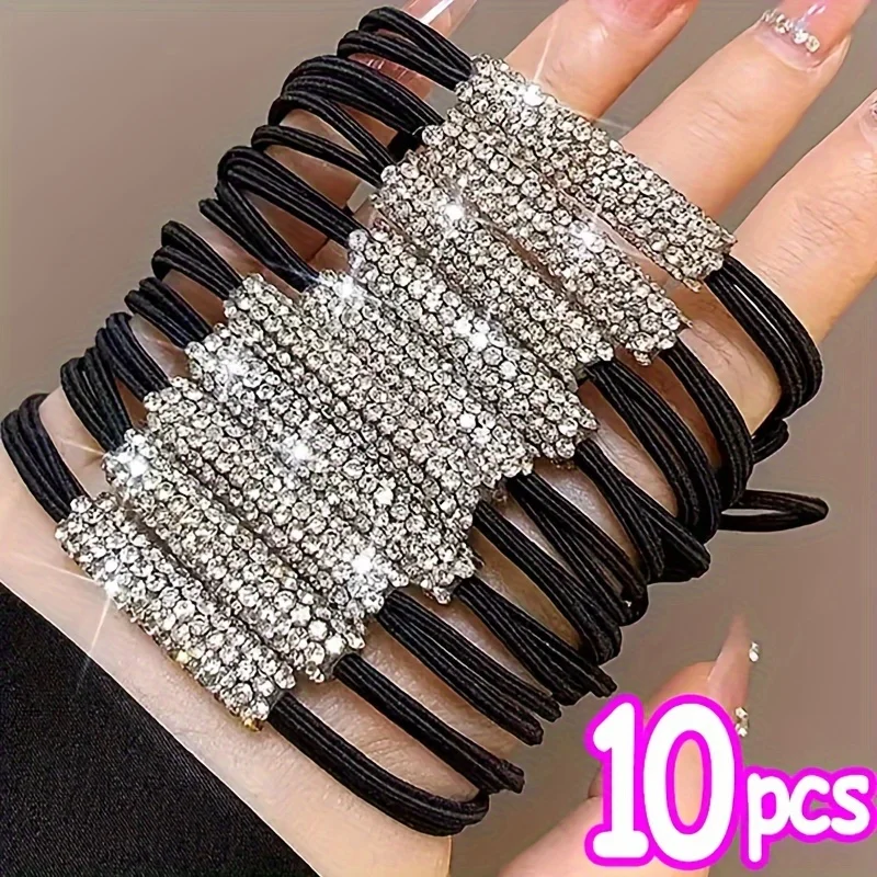 10pcs Women Diamonds Black Shiny Rhinestone Seamless Rubber Band Elastic Hair Rope New Fashion Hot Sale Hair Accessories