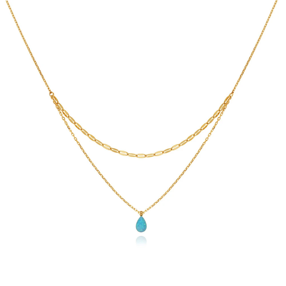 Stainless steel blue tears small and delicate Aobao blue water droplet sparkling double-layer necklace plated with 18K gold