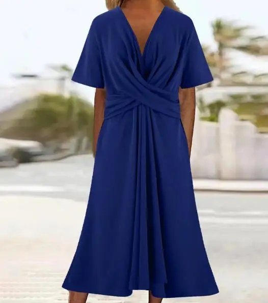 

Women's Dress Summer New Solid Color Simple Elegant Casual V-Neck Cross Pleated Design Loose Straight Tube Short Sleeved Dress