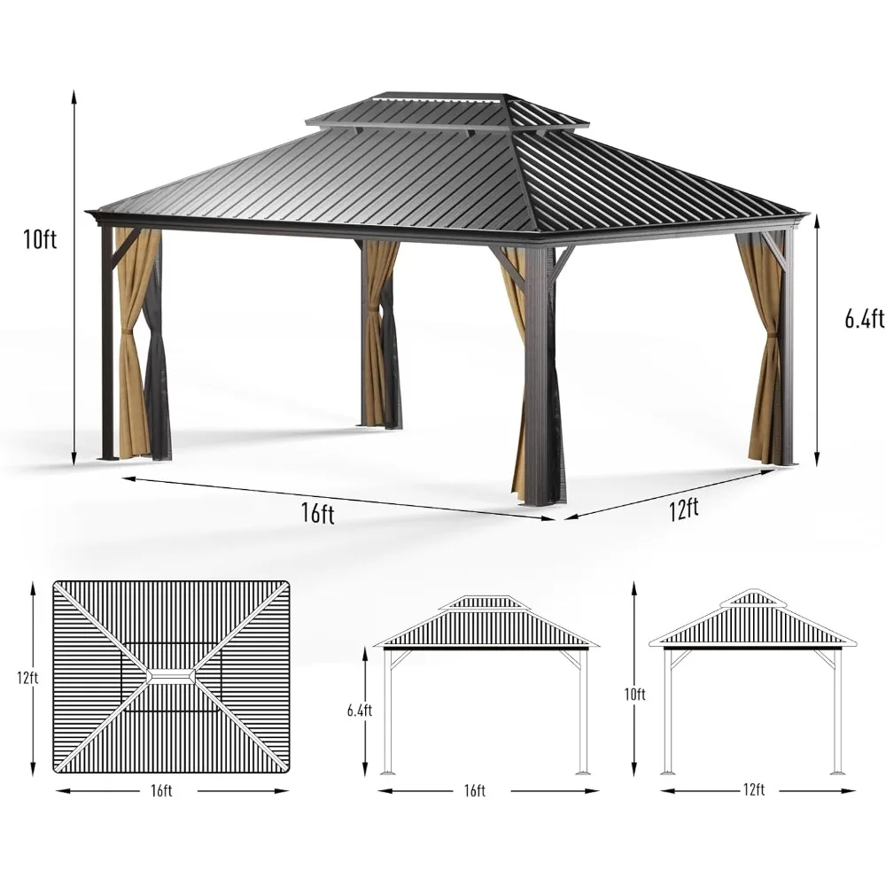 with Mosquito Net and Privacy Sidewalls, Aluminum Gazebo with Galvanized Steel Double Roof, Permanent Outdoor Gazebo