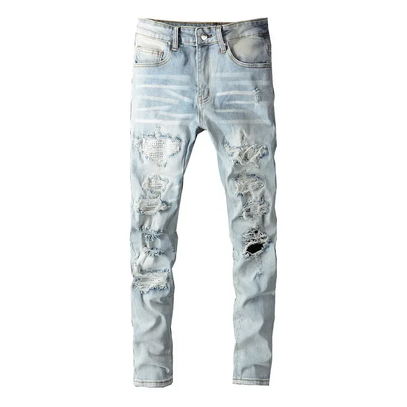 2024 Fashion Men's High Street Trendy Brand Jeans, New Trendy Youth Blue Ripped Skinny Slightly Elastic Casual Trousers