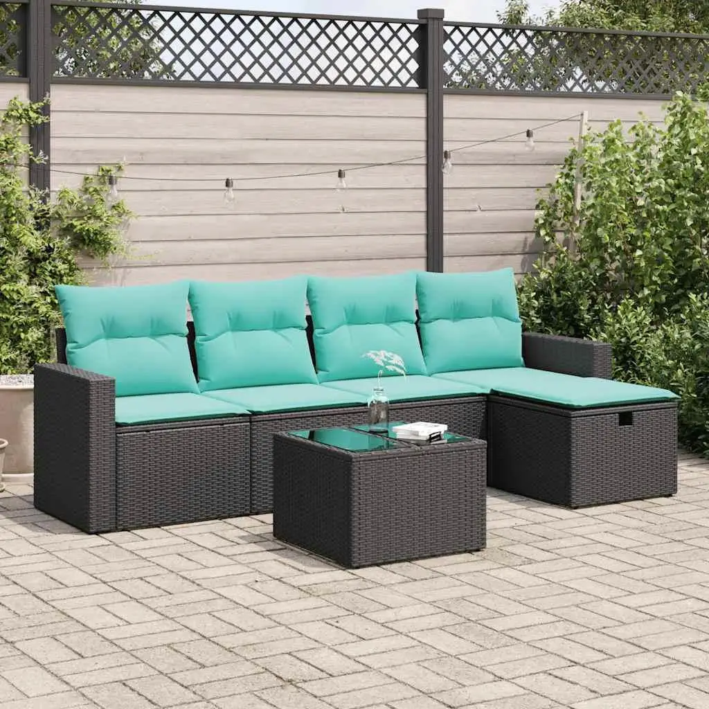 

6 Piece Outdoor Sofa Set Cushioned Black Rattan Furniture for Patio Garden Backyard Seating