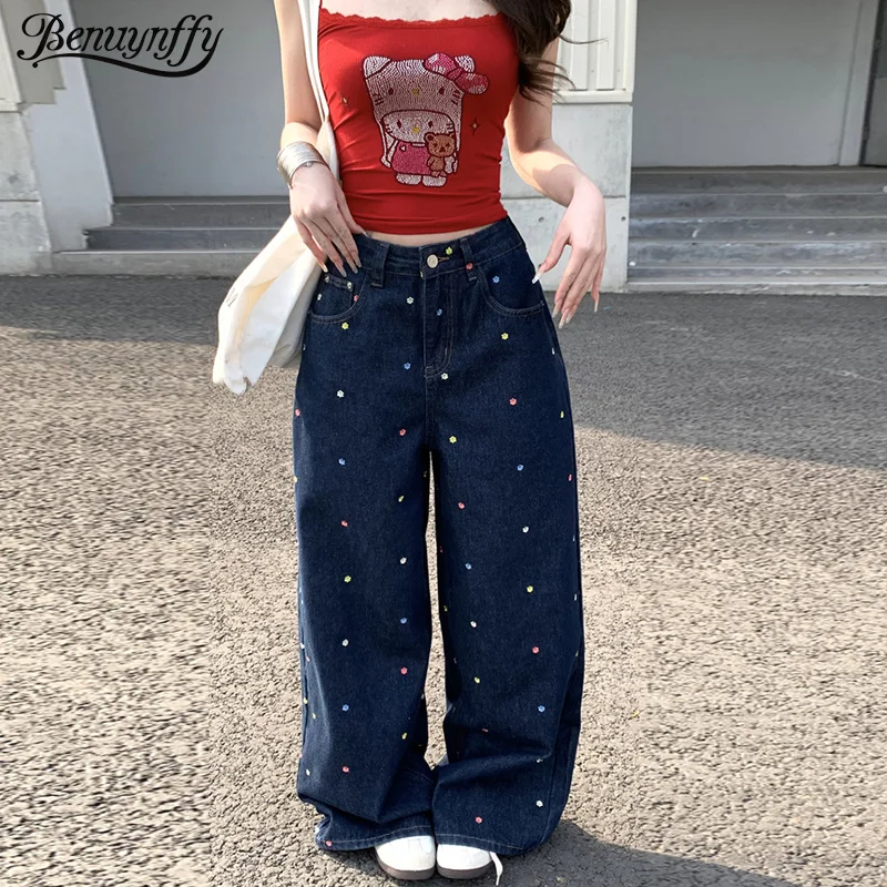 

Benuynffy Vintage Flower Embroidered Jeans Women's Korean Fashion Bf Style Streetwear High Waisted Loose Wide-leg Denim Trousers