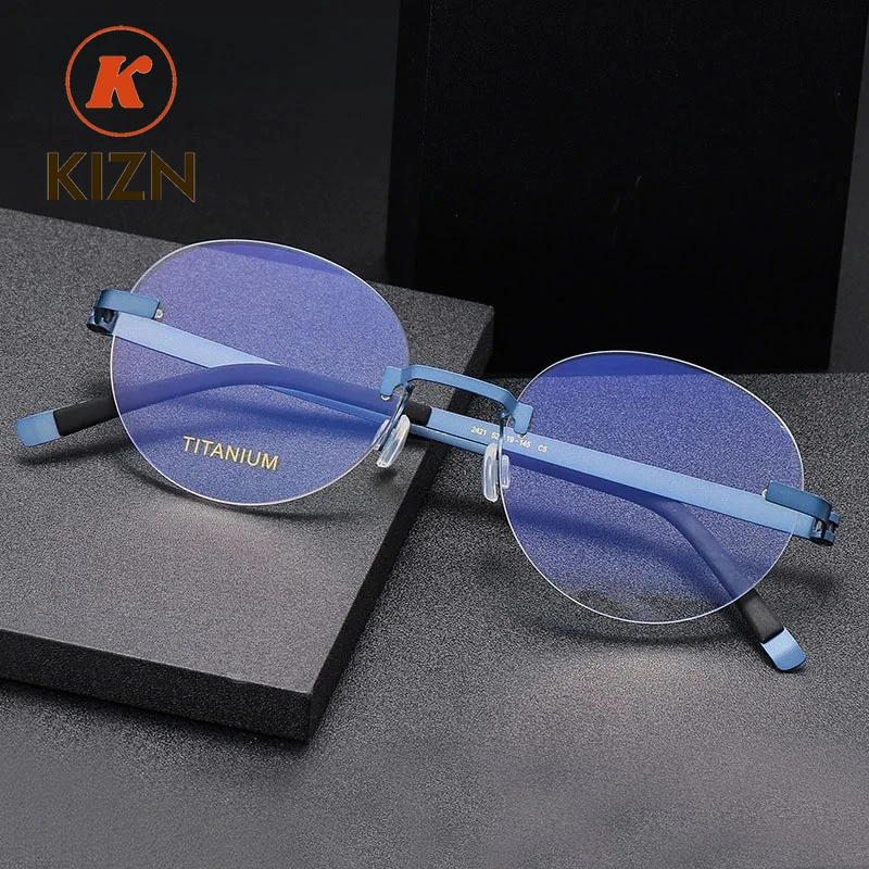 

KIZN круглые очки без оправы из чистого титана, мужские оптические очки в оправе, брендовая дизайнерская безрамная оправа для женщин