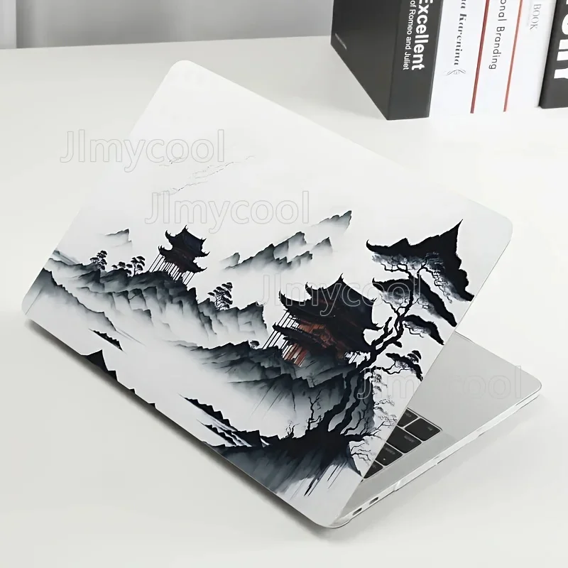 2Pc Art Ink Painting Notebook Skin Sticker  Black and White Design Pagoda and Clouds Waterproof Scratch Resistant Decal