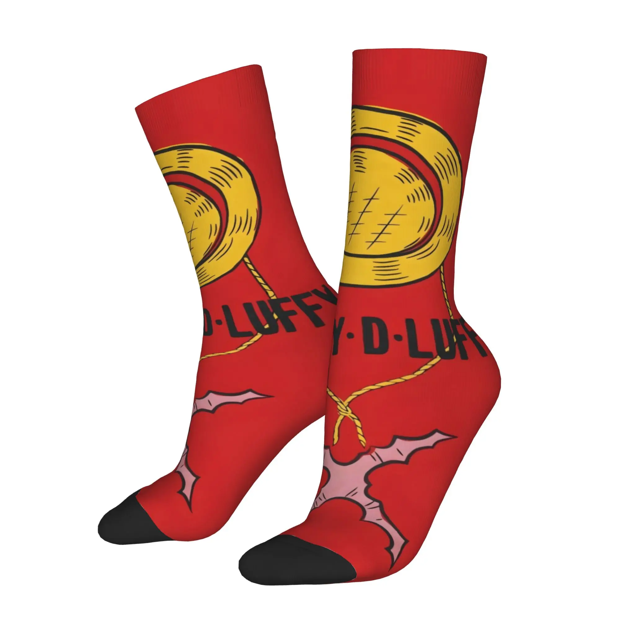 Funny Sock One Piece Luffy Straw Hat and Name Harajuku Seamless Pattern Printed Men Socks Casual Men's Socks