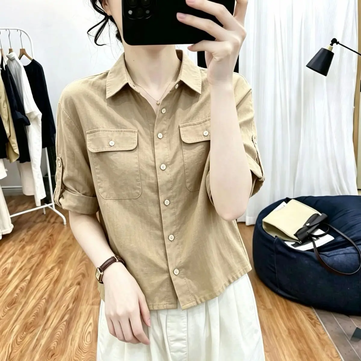 Loose Women's Shirt Double Pocket Seven Sleeve Oversize Fat MM Belly Covering Top Autumn Summer New Style Workwear Casual