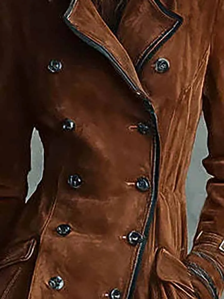 

Осень-зима, двубортная повседневная куртка с длинными рукавами, однотонная ветровка с карманами в стиле ретро, замшевое облегающее женское пальто в западном стиле