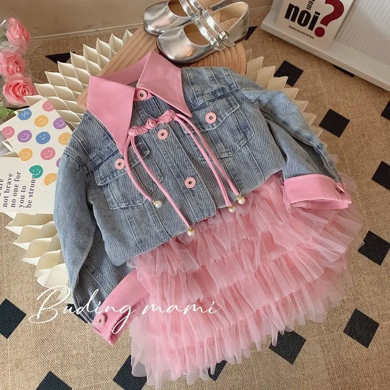 Retail  New Baby Girls Fall Fashion Sets,  Jean Coat +  Pink Mesh Skirts   Princess Sweet Suits  2-9 T