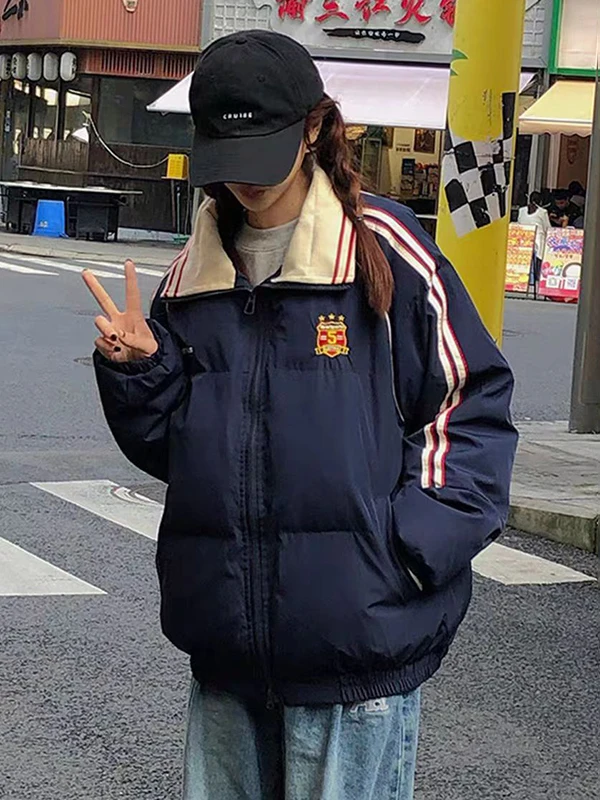 Thiened College Sle Women's down Jaet Winter Warm Cotton Coat Striped American Retro Outerwear Long Sve Zipper