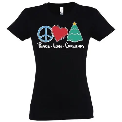 Damen T-Shirt Peace Love Christmas Weihnachten Geschenk Fun Spruch Logo Print