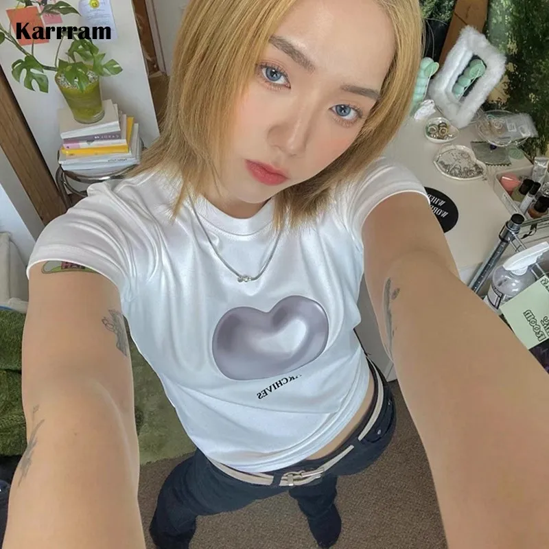 Karrram Korean Fashion Heart Print T-shirts Fairy Grunge Y2k Aesthetics Short Sleeve Tee Shirts Kpop Kawaii Streetwear Summer