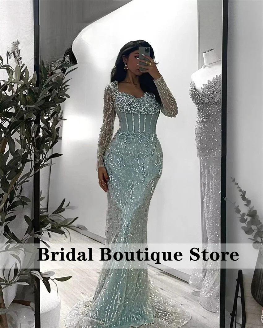 

Shining Blue Dubai Evening Dresses 2025 Beading Crystals Wedding Party Gown For Special Occasions Vestidos Customized