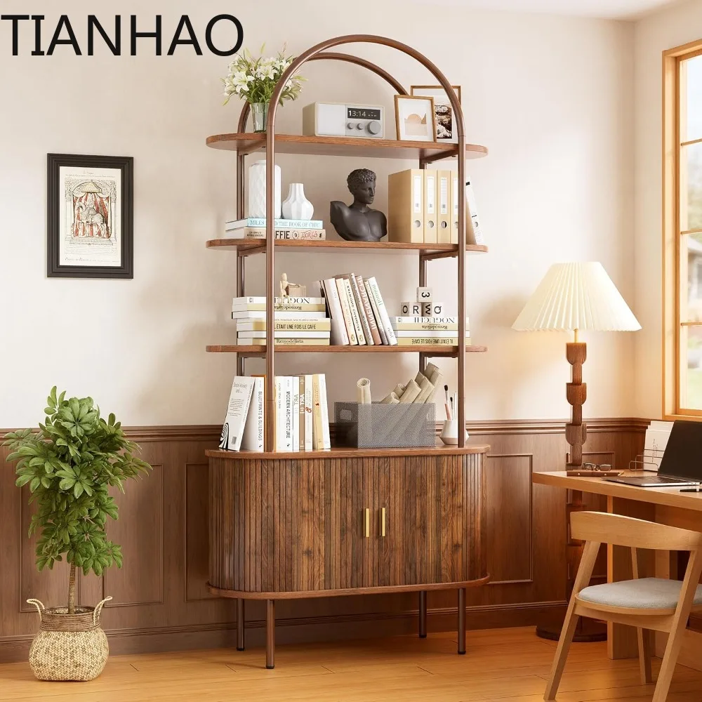 71 Tall Fluted Arched Bookshelf with Sliding Tambour Doors, Arched Bookshelf 4-Tier Open Display Storage Shelf,