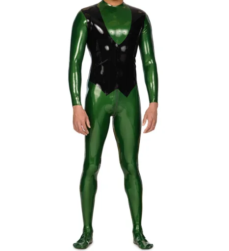 

Latex Rubber 100%Gummmi Green Black Patchwork Jumpsuit racing suit role play party hand customized 0.4mm XS-XXL