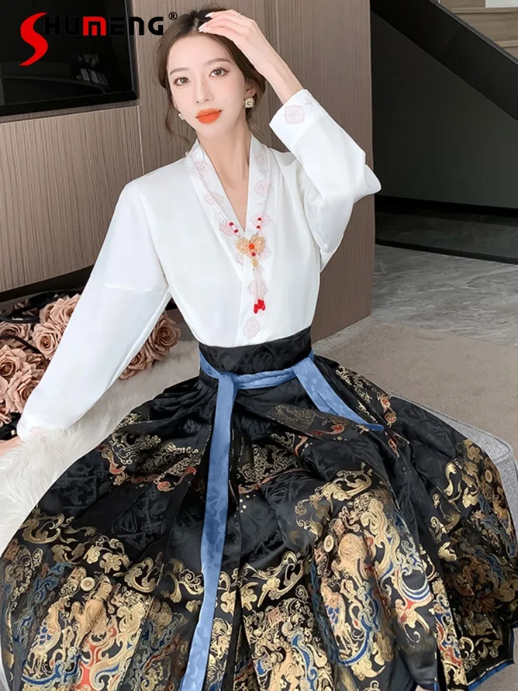 Jupe mi-longue visage de cheval de style chinois pour femmes, jupes courtes Hanfu modifiées, taille haute, automne et hiver, nouveau, 2023