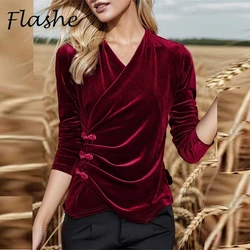 Elegant Women Velvet Shirt Blouses Female V Neck Long Sleeve Slim Office Tops Autumn Winter Black Red Shirts Women Button Jacket