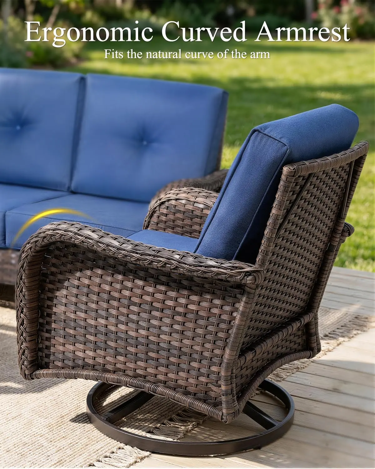 Patio Swivel Rocker Chair Set with Table All-Weather Wicker Rattan 6-Inch Cushion Porch Backyard Deck Navy 3 PCS, Customized