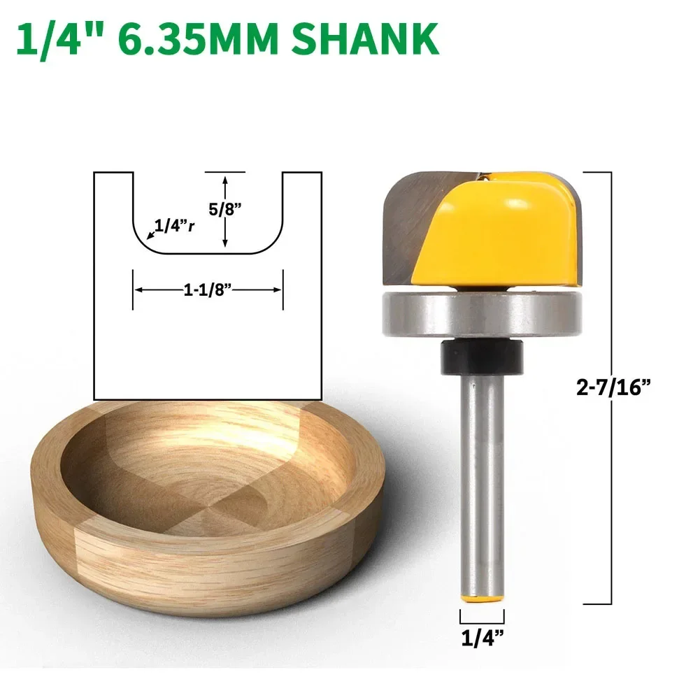 1PC 1/4 "6.35MM Shank Milling CUTTER ไม้แกะสลัก 1-1/8" เส้นผ่านศูนย์กลางชามถาดแม่แบบ Router Bit Milling CUTTER สําหรับไม้ไฟฟ้า