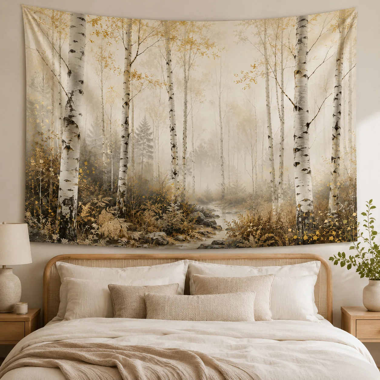 Misty Birch Forest Tapestry Nature Landscape Wall Hanging Neutral Home Decor for Bedroom Living Room