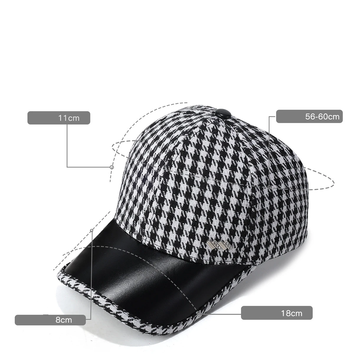 Autumn and Winter New Houndstooth Baseball Cap with Hard Top, Women's Fashion Ponytail Open Back Dad Hat