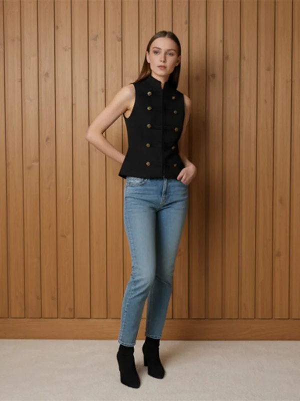 Black Sleeveless Napoleon Women Vest Chic Stand Collar Sleeveless Double Breasted Cropped Waistcoat 2026 Spring Lady Street Top