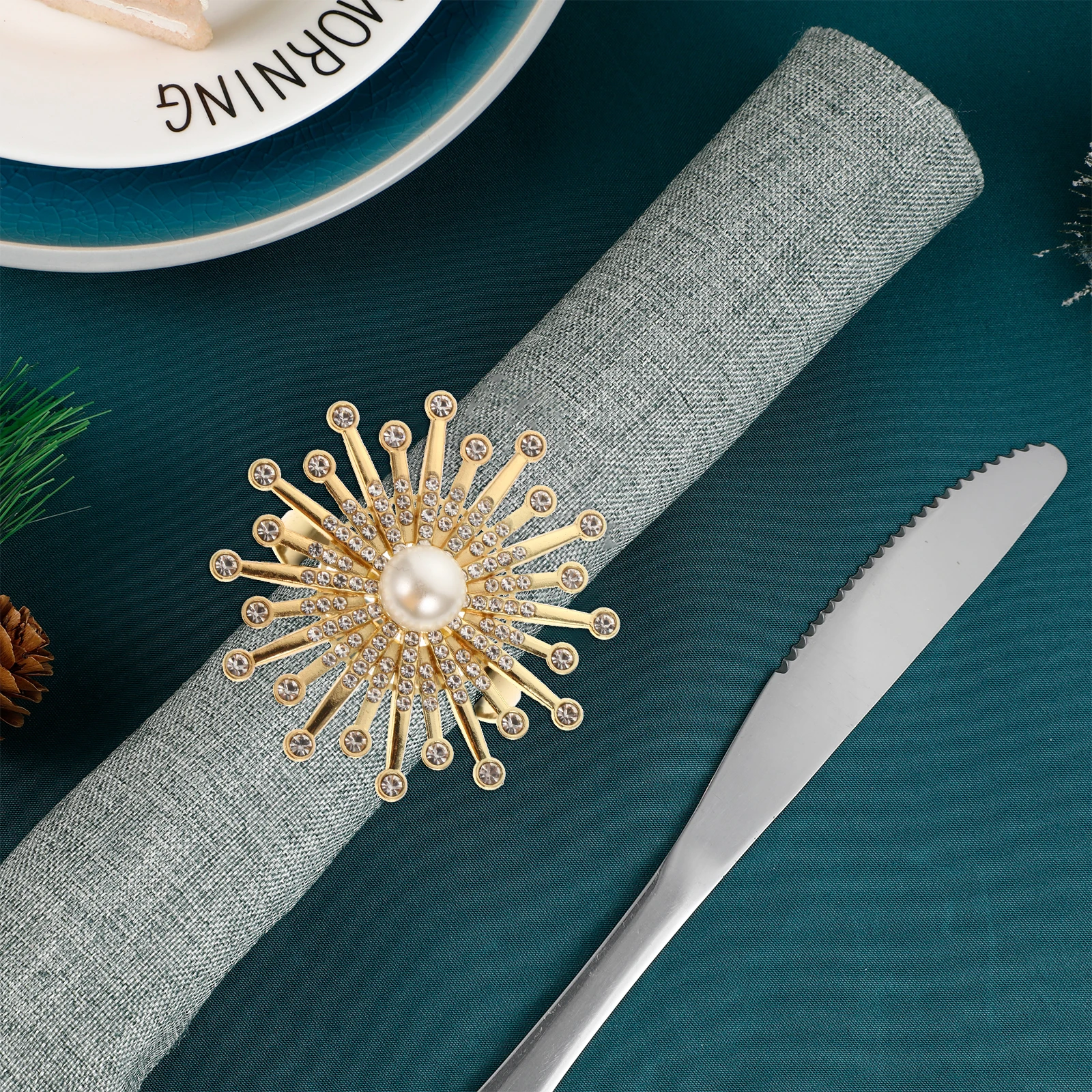 

6pcs Napkin Ring Pearl Napkins Rings Holder Sunflower Shape Rhinestone Buckles Tableware Supplies Dining Decor