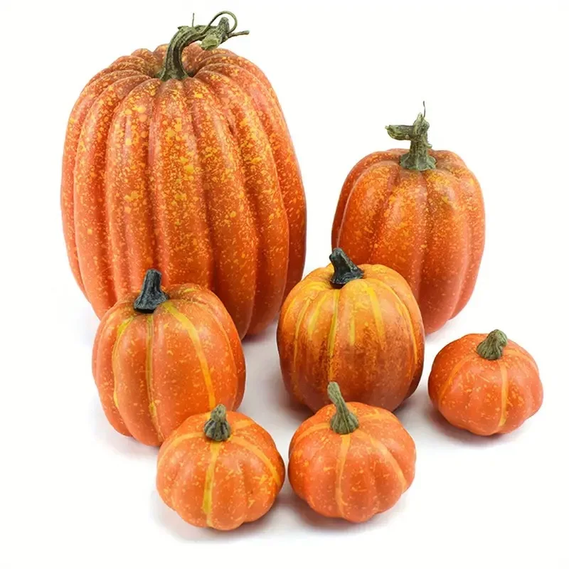 7 szt. Dynie Jesienne Dekoracje Zewnętrzne Pomarańczowe Piankowe Plastikowe Sztuczne Dynie Halloween Święto Plonów Dekoracja Stołu Domowego — 2