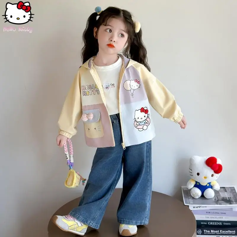 

Популярное детское пальто в стиле аниме «Hello Kitty Kawaii», Sanrio, весенне-осенняя модная милая повседневная толстовка с капюшоном с героями мультфильмов, подходит для одежды для девочек