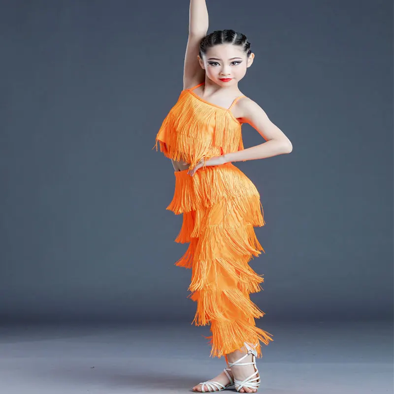 Practice Latin Costume for Girl Fringe Latin Dance Competition Clothes Girls National Standard Dance Orange Tassel Pants Suit