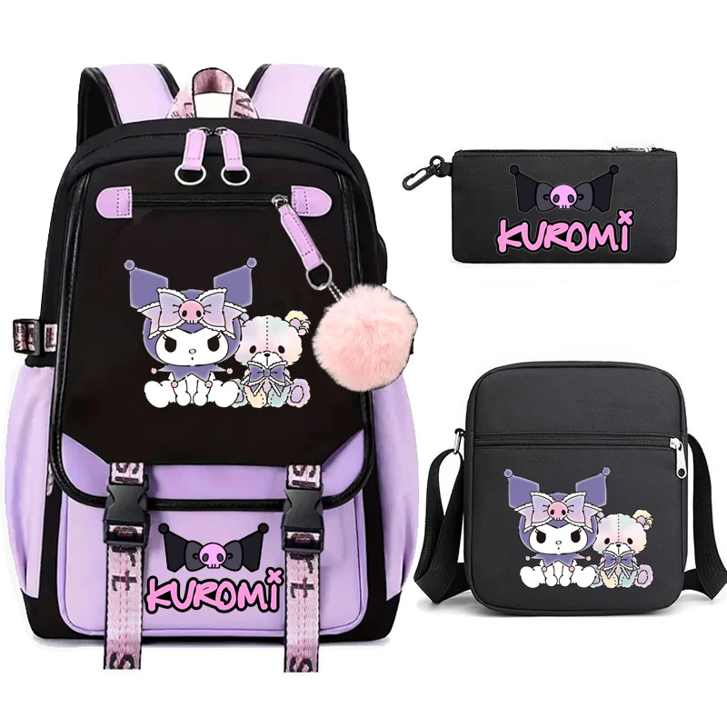 Kuromi Melody Mochilas para Meninas, Alta Capacidade, Impermeável Mochila Universitária, Trendy Laptop Bags, Bonito Livro de Viagem Bag, 3PCs