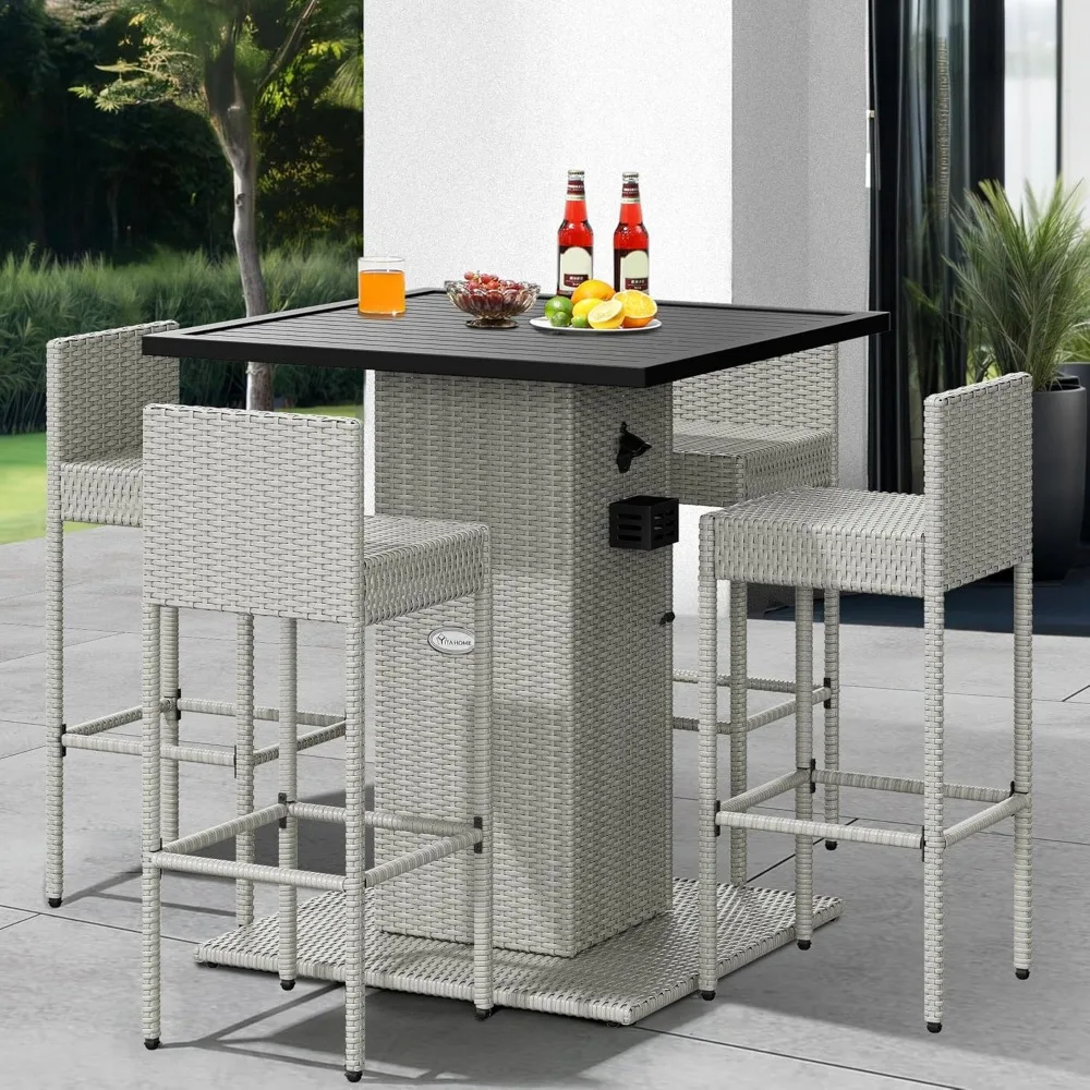 

5-Piece Outdoor Wicker Bar Set with Built-in Bottle Opener, Storage Shelf & Metal Tabletop, 4 Stools with Backrest for Patios,