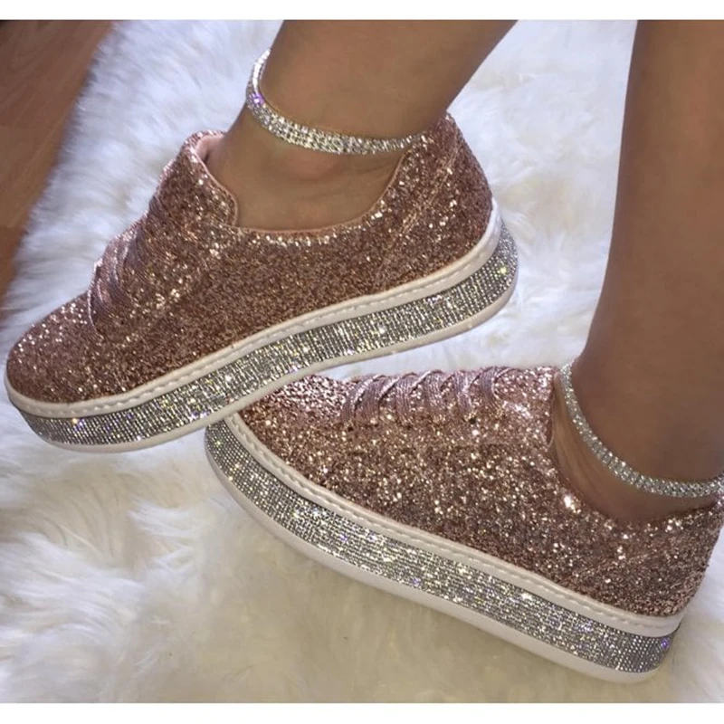 2022 Autumn New Women Glitter Flat Sneakers Casual Female Mesh Lace Up Bling Platform Comfortable Plus Size Vulcanized Shoes