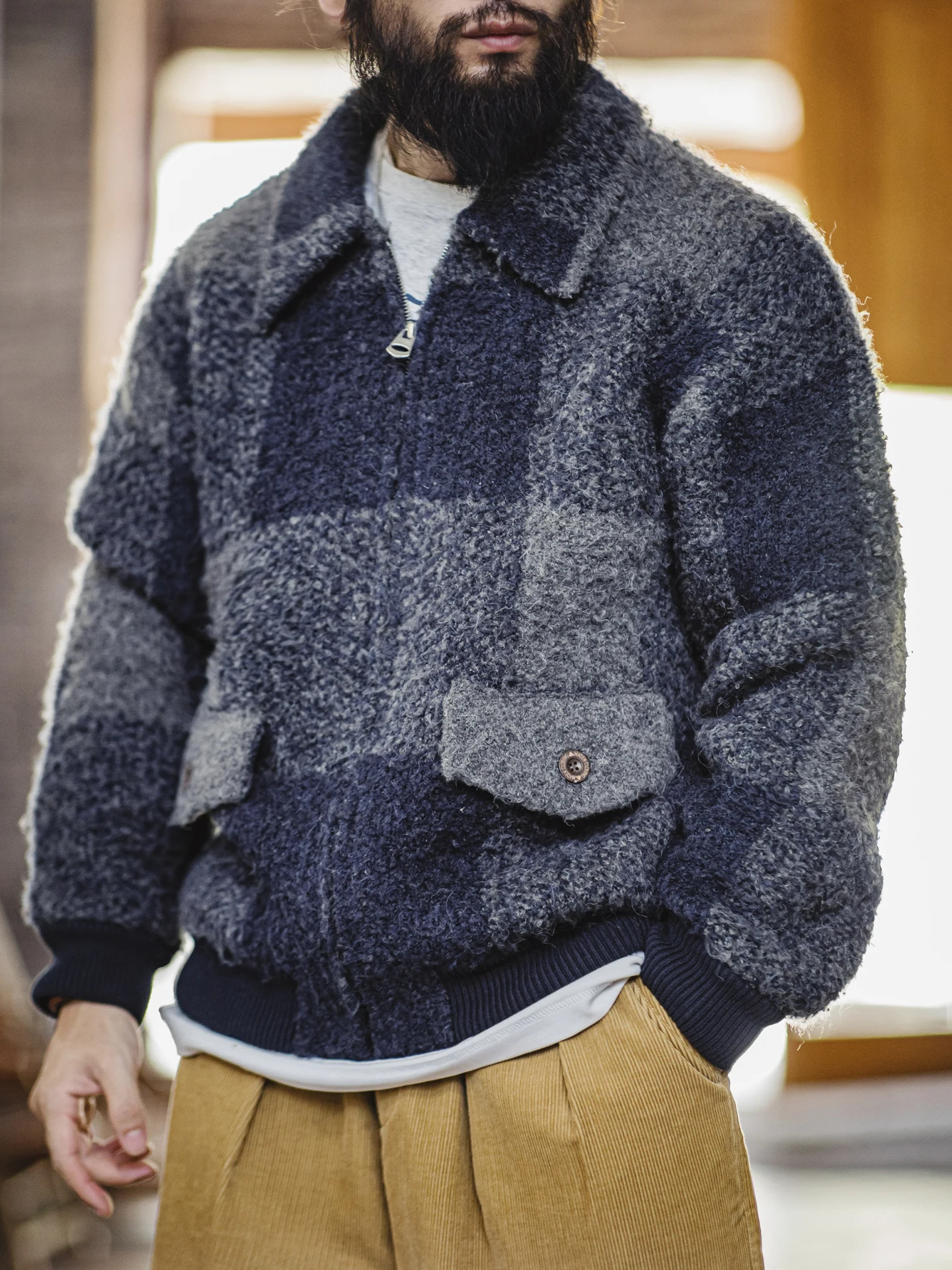 

Maden Men's Wool Blend Knitwear Jaet Plaid Collar Open Cardigan Spring Casual Sle Thiened Long Sve Zipper Closure