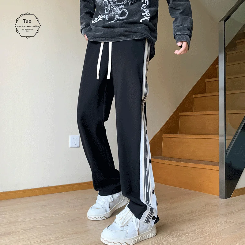

Men's Oversize Straight Leg Pants Spring Autumn American Sle Side Stripe Button down Loose Sports Trousers 90 Tall Size