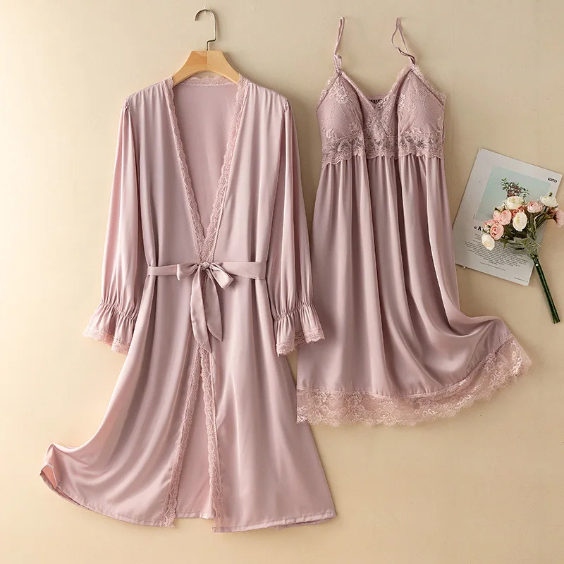 Women Silky Satin Gown Sets V-Neck Sexy Lace Intimate Wedding Robe Home Dress Camisole Nightgown With Bra Intimate Sleepwear