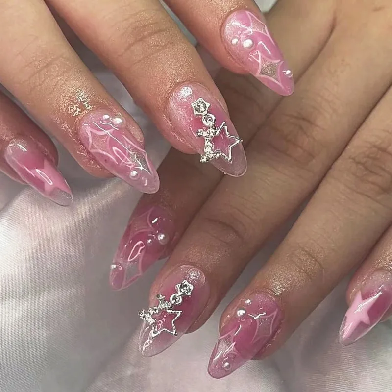 

24PCS Y2k Pink Smudging French False Nails with Glue 3D Metallic Star Sweet Almond Press on Nails Wearable Fake Nails Full Cover