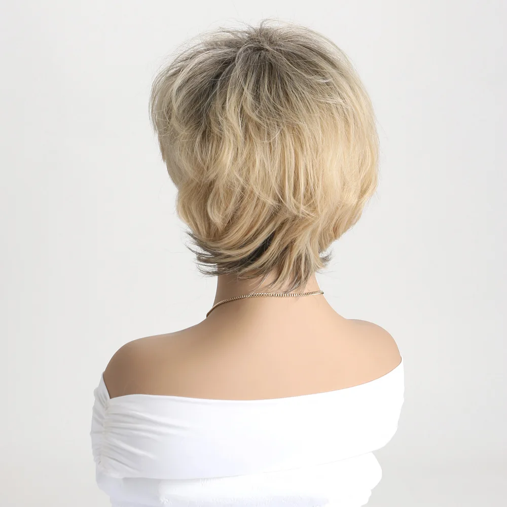 Short Blonde Hair Synthetic Wigs Wave Layered Hair With Fluffy Bangs Pixie Cut Wigs For Women Heat Resistant Fiber Wigs