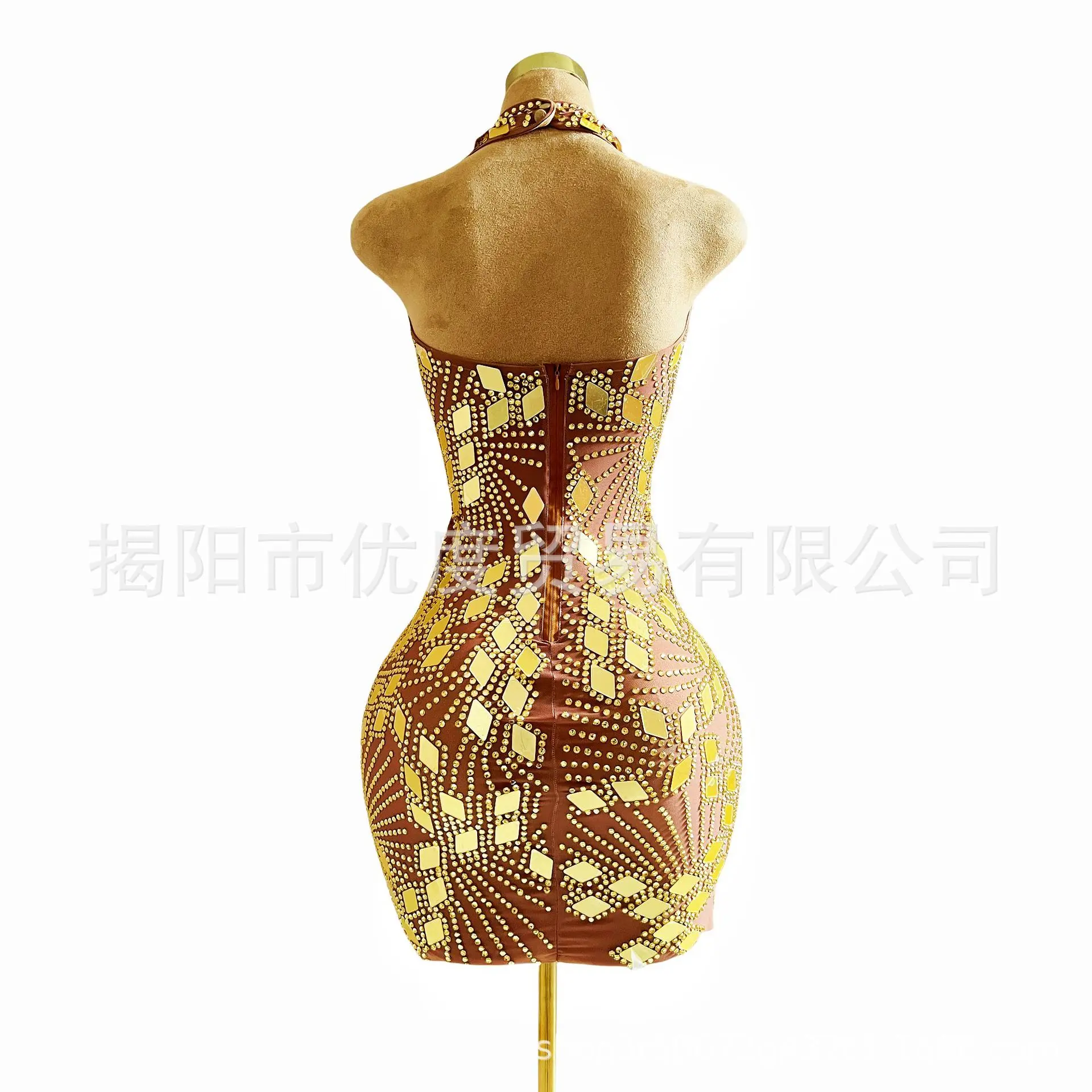 Neck Glam Backless Miniskirt Lens Rhinestone Dress Cocktail Party Night Performance Suit Geometric Lens vestidos elegantes mujer
