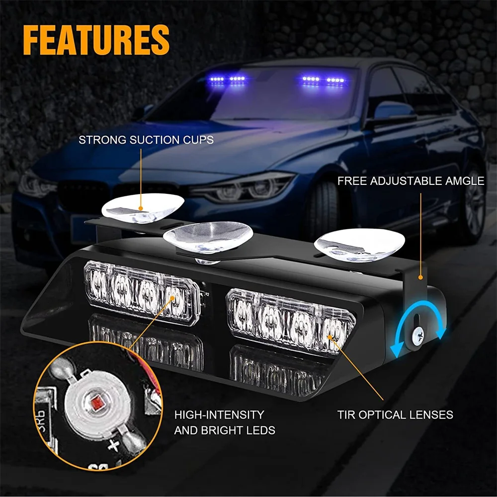 2 in 1 LED Emergency Strobe Lights for Vehicles Front/Rear Windshield with Suction Cups,Dash Deck Safety Flashing Hazard Warning