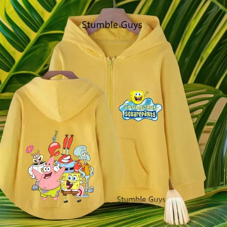 Spongebob Squarepants Zipper hoodie Cartoon Family Sweater for Autumn and Winter Thin or Fleeced Long-Sleeved Hooded Sweatshirt