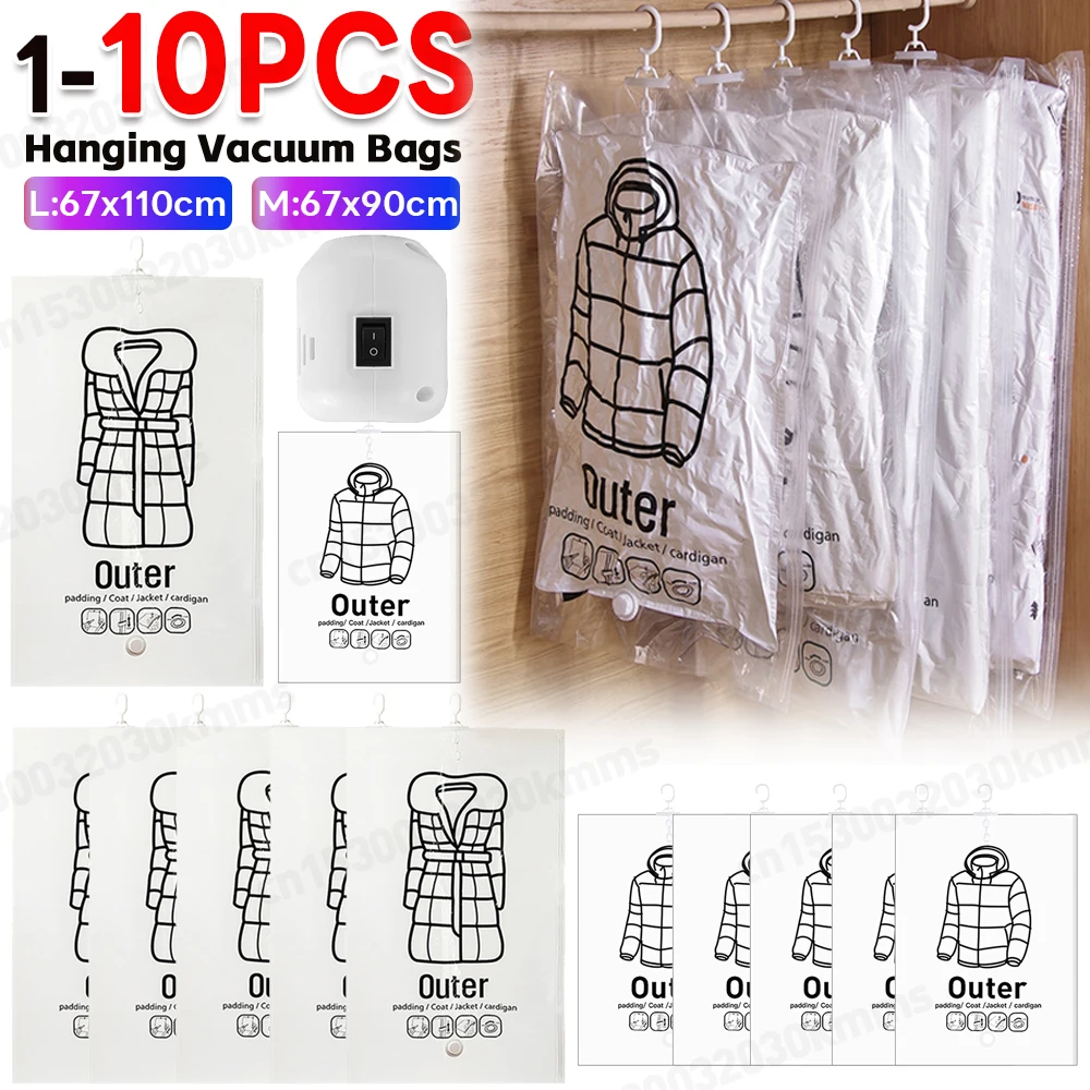 

Hang Transparent Vacuum Bag Storage For Clothes Down Jacket Overcoat Compression Home Organizer Wardrobe Dustproof Coat Air Pump