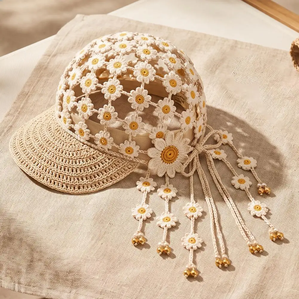 Lightweight Vacation Accessory Short Brim Baseball Cap Hand Crocheted Sunflower Baseball Cap Bohemian Tassel Bell Hat for Women