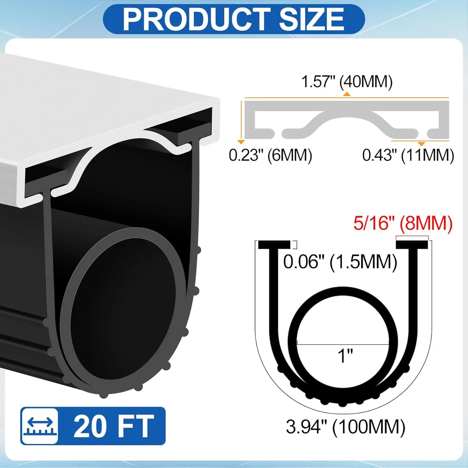 20FT Garage Door Bottom Seal Kit with Pre-drilled Aluminum Track, Weatherproof PVC Rubber for Wind and Water Protection, Black