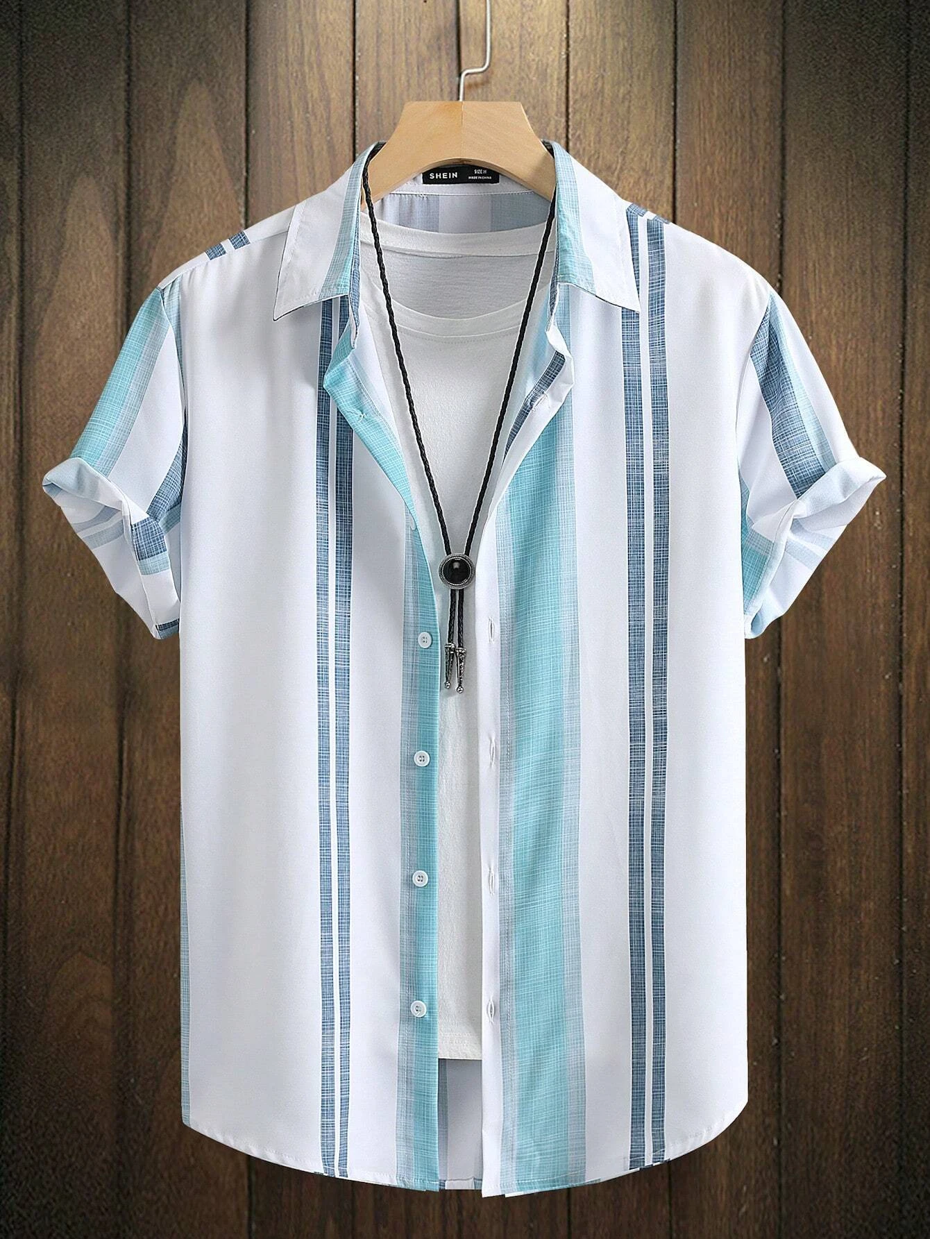 Men's Lapel Shirt Fashion Personalized Striped Ethnic Print Design Women's Short Sleeve Seaside Button-Down Shirt Top