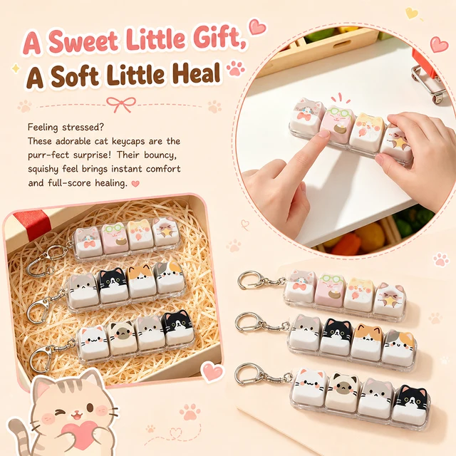 Cute Cat Relax Button Keycap, Kawaii Cat 4-Key Keyboard Fidget Toy for Friends Gift, Portable Fidget Keychain Fashion Bag Charm 3 Cute Cat Relax Button Keycap, Kawaii Cat 4-Key Keyboard Fidget Toy for Friends Gift, Portable Fidget Keychain Fashion Bag Charm 3