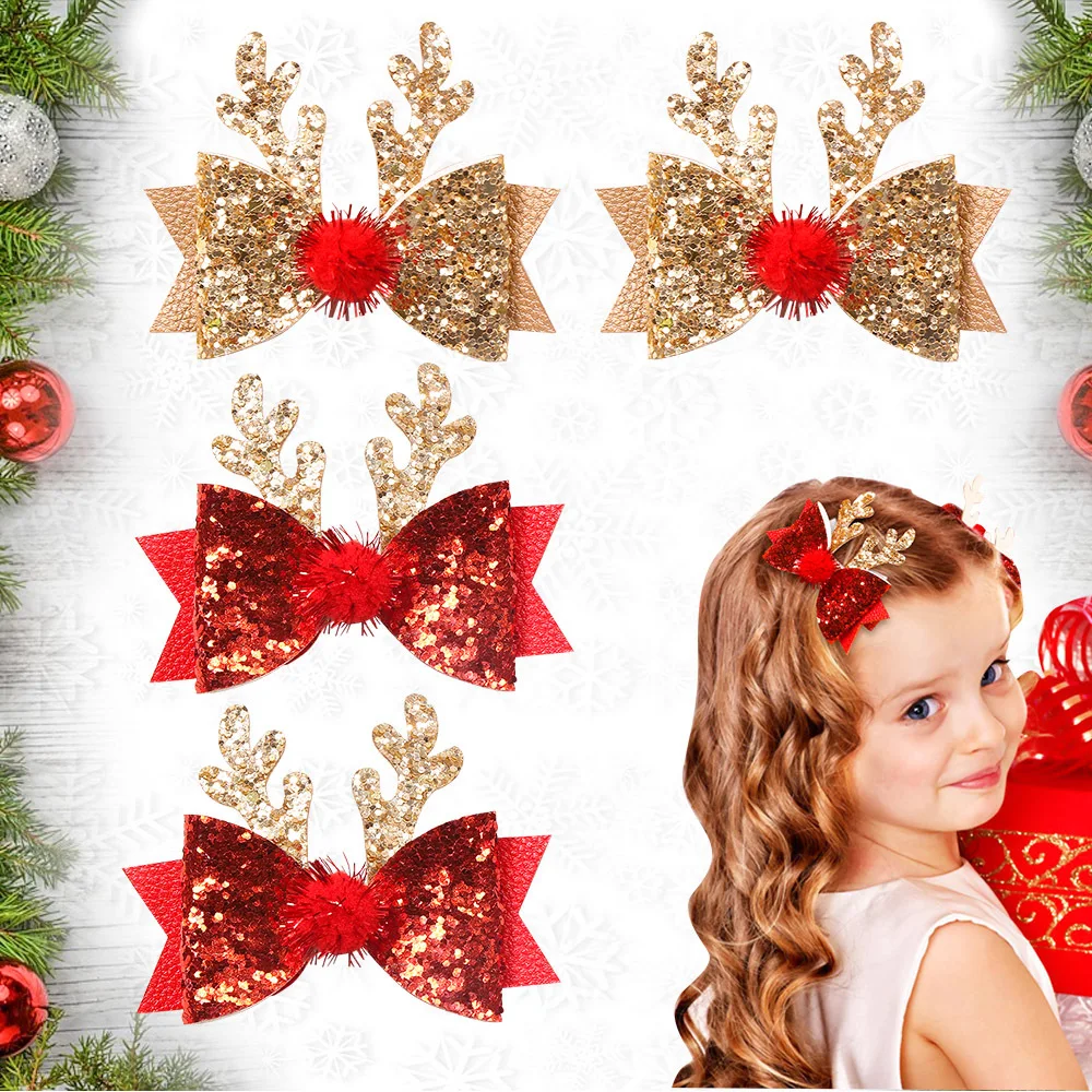 

New Christmas Headdress Glitter Sequins Cute Antler Kids Hair Clip Elk Bow Hairpin with Ball Women Girls Xmas Headwear Gifts